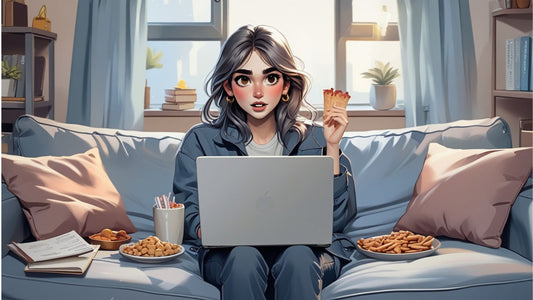 Mona sitzt auch der Couch mit Laptop und umgeben von Snacks. Soll ich arbeiten oder lieber doch faulenzen?