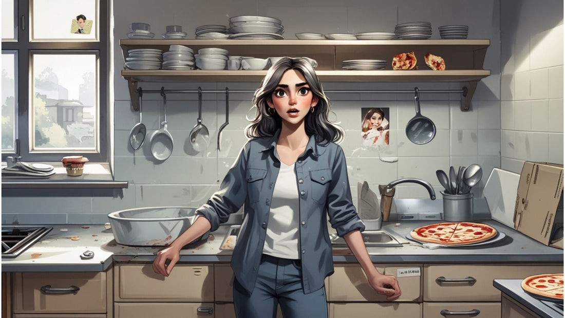 Mona steht in einer chaotischen Küche