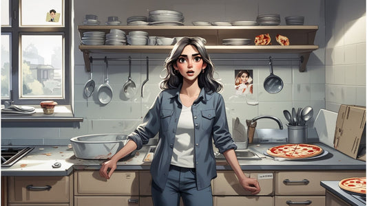 Mona steht in einer chaotischen Küche