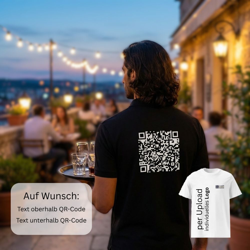 junge Bedienung mir QR-Code auf dem Shirt