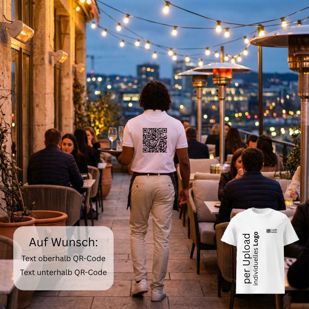 junge Bedienung trägt LiveQR Control Shirt 