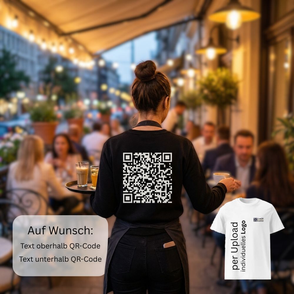 junge Bedienung mir QR-Code auf dem Shirt